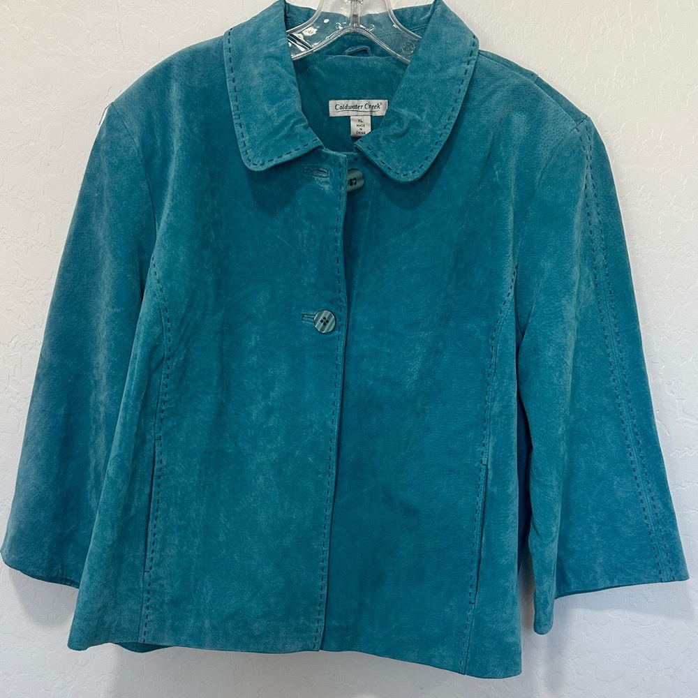 Coldwater Creek Blue Blazer Teal Blue Leather XL Cropped 3/4 Western Boho Womens